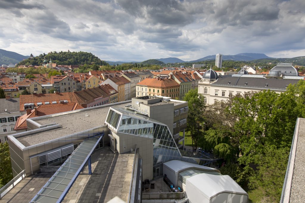 View over Graz from rooftop of the TU Graz library building.